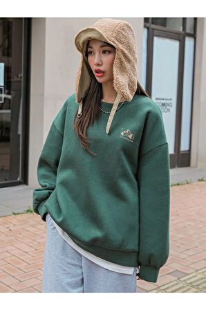 Kadın Yeşil Arid Mountain Baskılı Oversize Sweatshirt