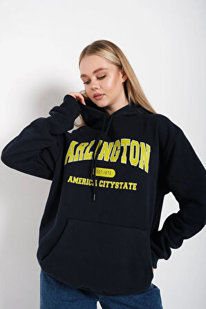 Lacivert Arlington Baskılı Oversize Kapüşonlu Sweatshirt