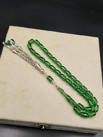 Özel Tasarım Alpaka Püsküllü Ateş Kehribar Tespih – 7x11 mm