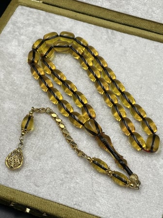 Rodajlı Gold Gümüş İp Yolları Eskitme Ateş Kehribar Tespih – 11x8 mm | 32 gr