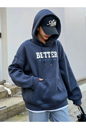 Kadın Lacivert Better Baskılı Oversize Sweatshirt