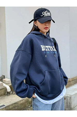 Kadın Lacivert Better Baskılı Oversize Sweatshirt