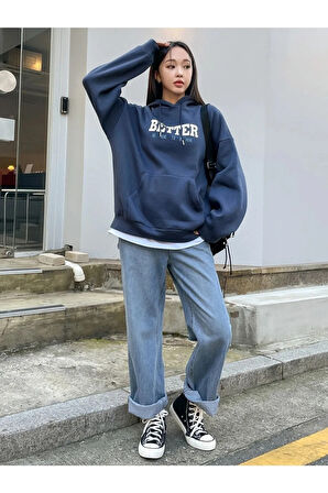 Kadın Lacivert Better Baskılı Oversize Sweatshirt