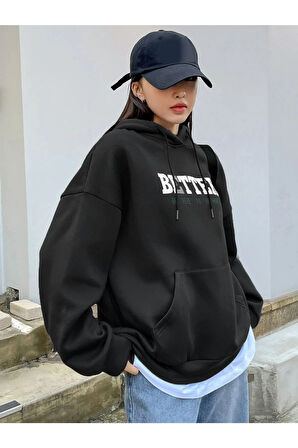 Kadın Siyah Better Baskılı Oversize Sweatshirt