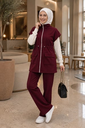 Bordo Yelekli 2’li Takım – Modern, Rahat ve Şık Günlük Kombin