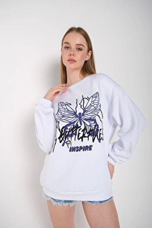 Kadın Beyaz Butterflies Inspire Baskılı Oversize Sweatshirt 000
