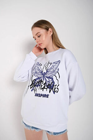 Kadın Beyaz Butterflies Inspire Baskılı Oversize Sweatshirt 000