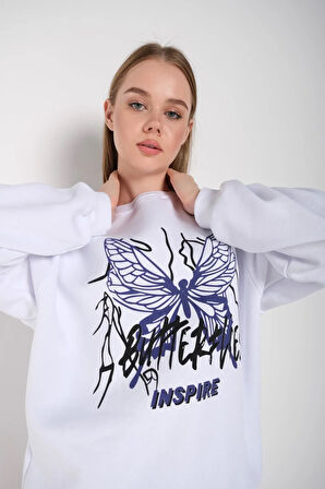 Kadın Beyaz Butterflies Inspire Baskılı Oversize Sweatshirt 000
