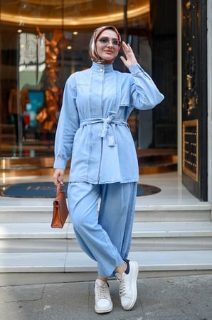 🌸 İnce Tensel Kot Kumaş Balon Pantolonlu Tunik Takım – Açık Mavi