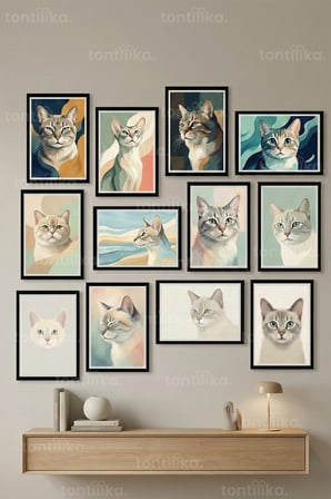 12 Parça Pastel Kedi Portreleri 2 Renk Seçenekli Dekoratif Çerçeve Görünümlü Tablo Seti