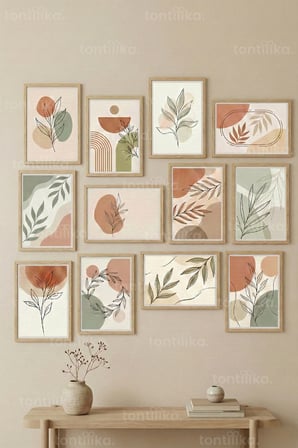 12 Parça Minimalist Yaprak Desenleri 2 Renk Seçenekli Dekoratif Çerçeve Görünümlü Tablo Seti
