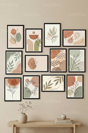 12 Parça Minimalist Yaprak Desenleri 2 Renk Seçenekli Dekoratif Çerçeve Görünümlü Tablo Seti