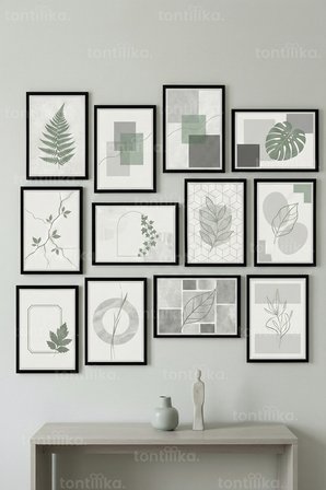 12 Parça Minimal Geometrik Yapraklar 2 Renk Seçenekli Dekoratif Çerçeve Görünümlü Tablo Seti