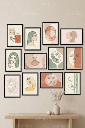 12 Parça Soyut Yüz Çizimleri 2 Renk Seçenekli Dekoratif Çerçeve Görünümlü Tablo Seti