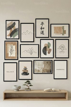 12 Parça Zen Minimal Doğa 2 Renk Seçenekli Dekoratif Çerçeve Görünümlü Tablo Seti