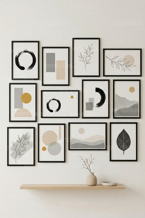 12 Parça Zen Soyut Yaprak ve Daireler 2 Renk Seçenekli Dekoratif Çerçeve Görünümlü Tablo Seti