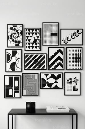 12 Parça Siyah Beyaz Geometrik 2 Renk Seçenekli Dekoratif Çerçeve Görünümlü Tablo Seti