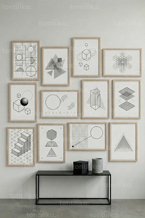 12 Parça Sade Geometrik Çizimler 2 Renk Seçenekli Dekoratif Çerçeve Görünümlü Tablo Seti