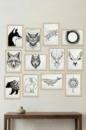12 Parça Spirit Animal 2 Renk Seçenekli Dekoratif Çerçeve Görünümlü Tablo Seti