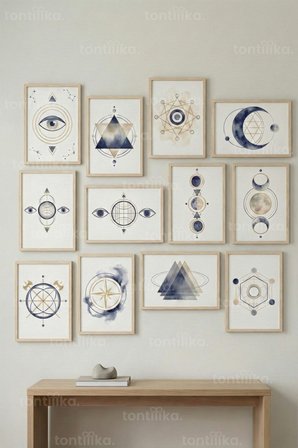 12 Parça Kutsal Geometri 2 Renk Seçenekli Dekoratif Çerçeve Görünümlü Tablo Seti