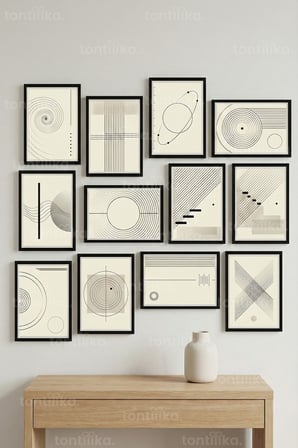 12 Parça Sade Geometrik Çizgiler 2 Renk Seçenekli Dekoratif Çerçeve Görünümlü Tablo Seti