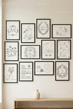 12 Parça Minimal Kedi Çizimi 2 Renk Seçenekli Dekoratif Çerçeve Görünümlü Tablo Seti