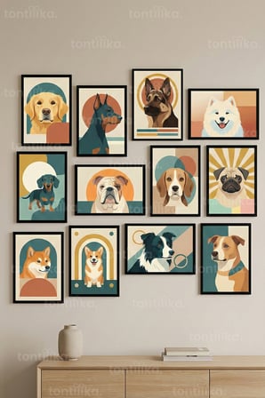 12 Parça Renkli Köpek Portreleri 2 Renk Seçenekli Dekoratif Çerçeve Görünümlü Tablo Seti