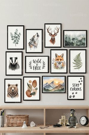12 Parça Wild Forest Hayvan & Doğa 2 Renk Seçenekli Çerçeve Görünümlü Tablo Seti