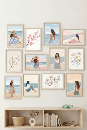 12 Parça Soft Coastal Women Art 2 Renk Seçenekli Çerçeve Görünümlü Tablo Seti