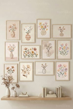 12 Parça Soft Floral Illustration 2 Renk Seçenekli Çerçeve Görünümlü Tablo Seti