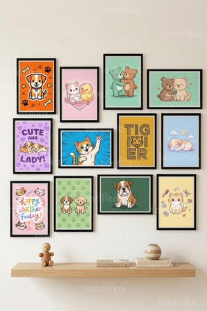 12 Parça Cute Animals Çizim 2 Renk Seçenekli Çerçeve Görünümlü Tablo Seti