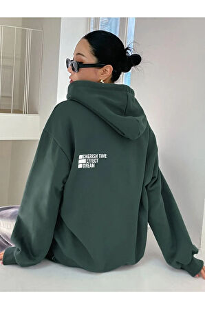 Kadın Nefti Yeşil GriCherısh Time Baskılı Oversize Kapuşonlu Sweatshirt