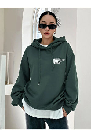 Kadın Nefti Yeşil GriCherısh Time Baskılı Oversize Kapuşonlu Sweatshirt