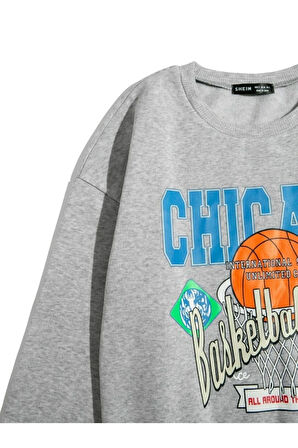 Kadın Gri Chicago 76 Baskılı Oversize Sweatshirt