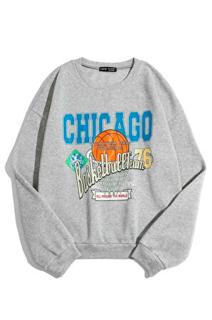 Kadın Gri Chicago 76 Baskılı Oversize Sweatshirt