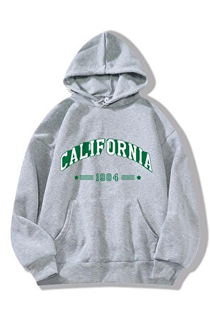 Unisex Gri California 1984 Baskılı Oversize Sweatshirt