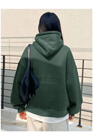 Kadın Koyu Yeşil Confidence Baskılı Kapüşonlu Sweatshirt