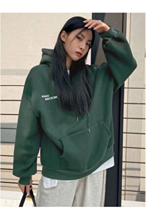 Kadın Koyu Yeşil Confidence Baskılı Kapüşonlu Sweatshirt