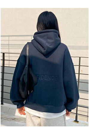 Kadın Lacivert Confidence Baskılı Kapüşonlu Sweatshirt