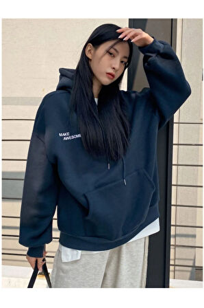 Kadın Lacivert Confidence Baskılı Kapüşonlu Sweatshirt