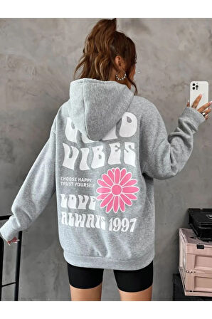 Kadın Gri Good Vibes 1997 Baskılı Kapüşonlu Sweatshirt