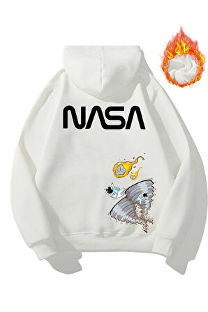 Unisex Beyaz Nasa Uzay Göktaşı Baskılı Kapüşonlu Sweatshirt