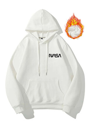 Unisex Beyaz Nasa Uzay Göktaşı Baskılı Kapüşonlu Sweatshirt