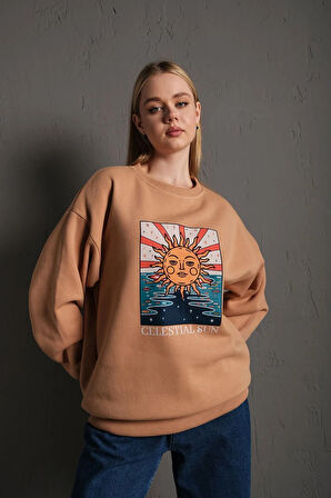 Kadın Vizon Güneş Baskılı Oversize Sweatshirt