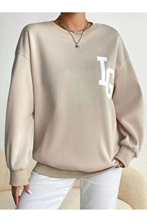 Kadın Bej IG Baskılı Bisiklet Yaka Sweatshirt