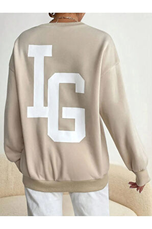 Kadın Bej IG Baskılı Bisiklet Yaka Sweatshirt