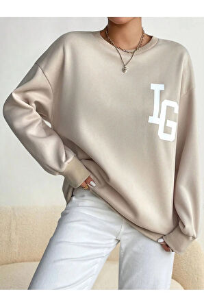 Kadın Bej IG Baskılı Bisiklet Yaka Sweatshirt