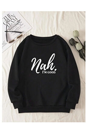Unisex Siyah IM Good Baskılı Bisiklet Yaka Sweatshirt