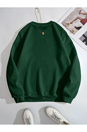 Kadın Yeşil Çizgili Kalp Baskılı Oversize Sweatshirt