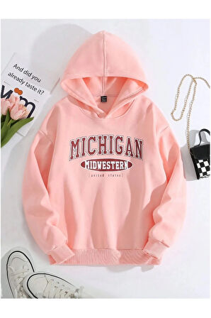 Kadın Pembe Michigan United State Baskılı Kapüşonlu Sweatshirt